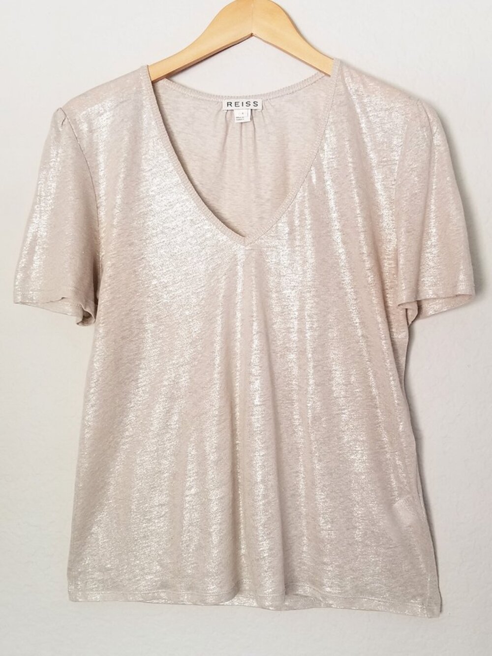 REISS Pasidena Metallic 100% Linen V-Neck Top L Champagne Gold Shimmer Luxury